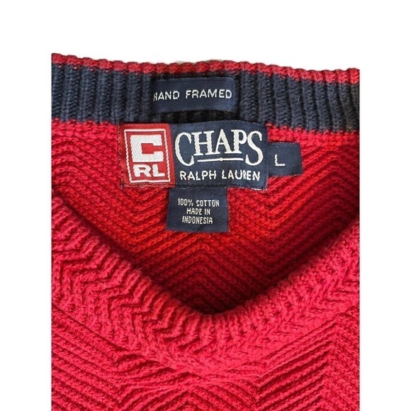 Ralph Lauren Chaps Vintage Sweater Mens Large Red Crest Herringbone Hand Framed - Picture 5 of 9